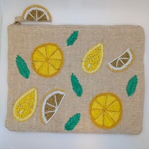 Chico's Beaded Lemon Citrus Clutch Bag Womens Medium Beige Yellow EUC